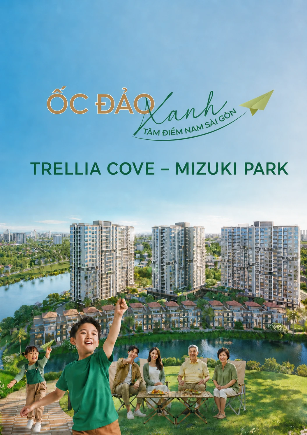 Phối cảnh khu thấp tầng Trellia Cove tại Mizuki Park với không gian sống ven sông xanh mát
