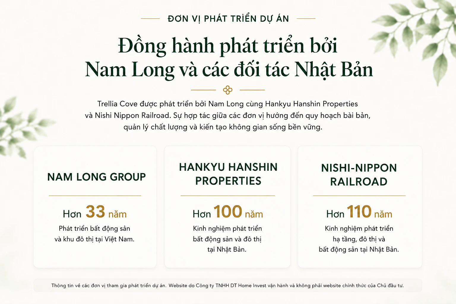 Thông tin đơn vị phát triển dự án Trellia Cove gồm Nam Long Group, Hankyu Hanshin Properties và Nishi-Nippon Railroad.