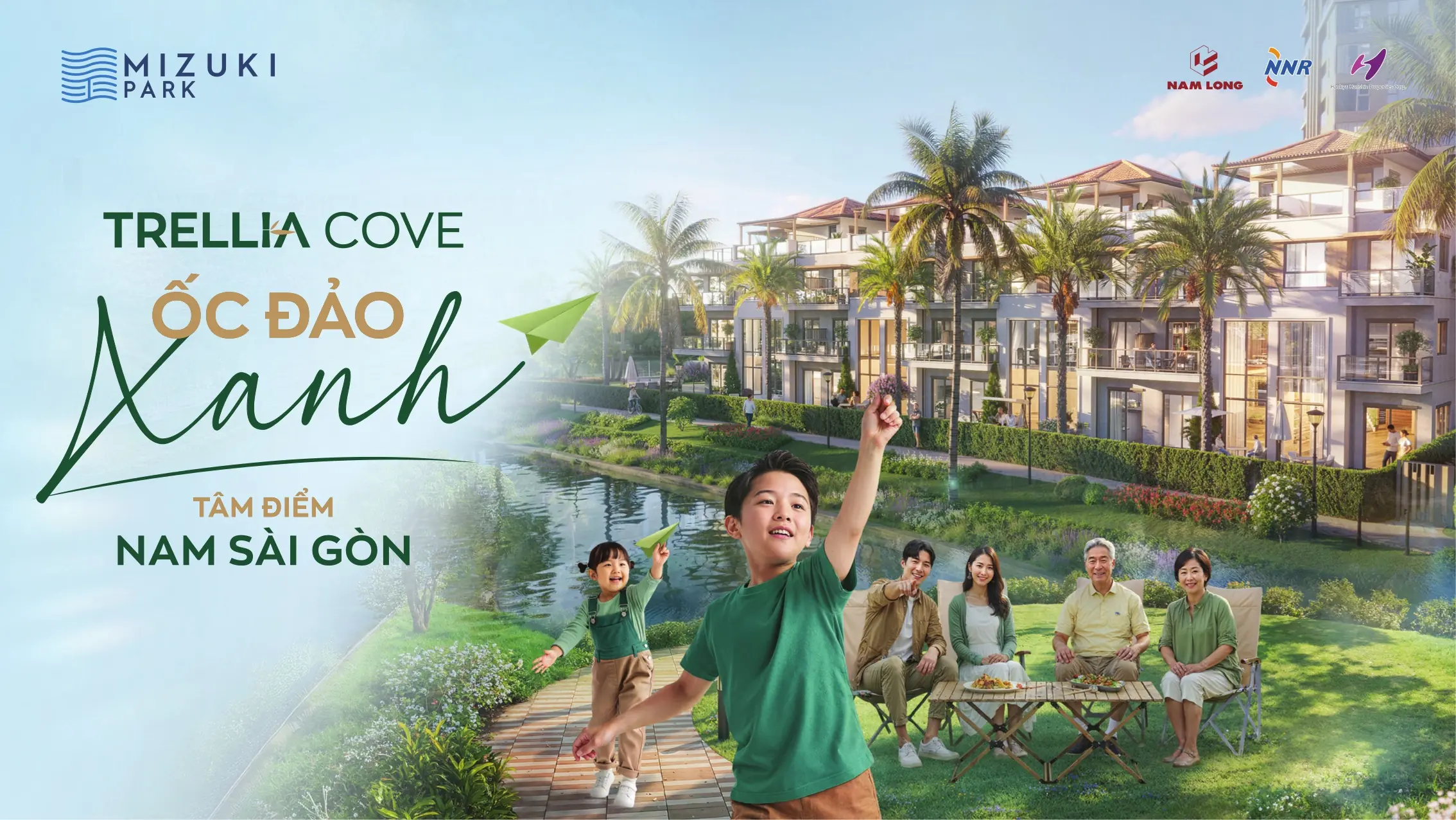 Phối cảnh khu thấp tầng Trellia Cove tại Mizuki Park với không gian sống ven sông xanh mát