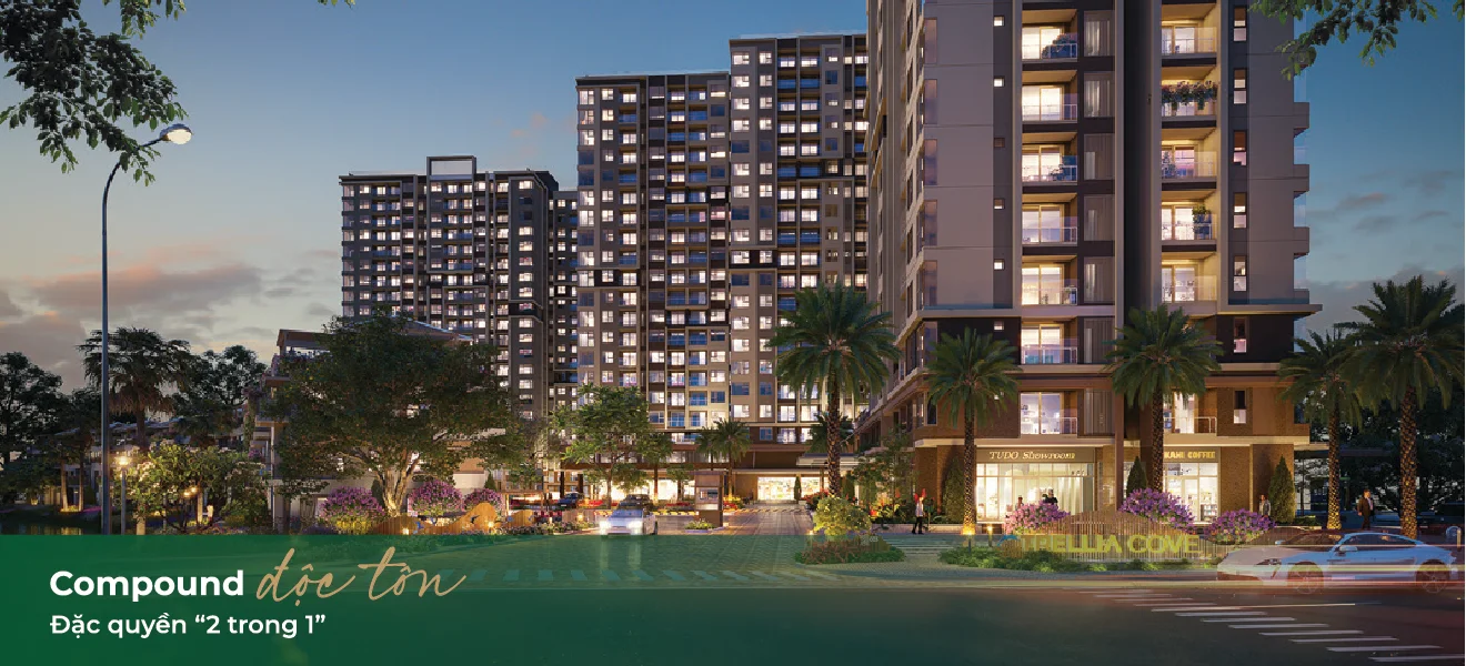 Phối cảnh Trellia Cove với thiết kế compound khép kín và shophouse thương mại.